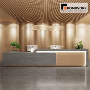 Quầy lễ tân gỗ vân đá cao cấp – Bàn tiếp tân đôi hiện đại cho văn phòng sang trọng