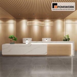 Quầy lễ tân gỗ vân đá cao cấp – Bàn tiếp tân đôi hiện đại cho văn phòng sang trọng