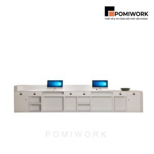 Quầy lễ tân gỗ vân đá cao cấp – Bàn tiếp tân đôi hiện đại cho văn phòng sang trọng