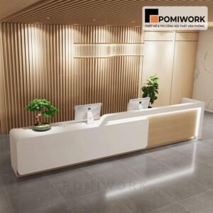 Quầy lễ tân gỗ vân đá cao cấp – Bàn tiếp tân đôi hiện đại cho văn phòng sang trọng