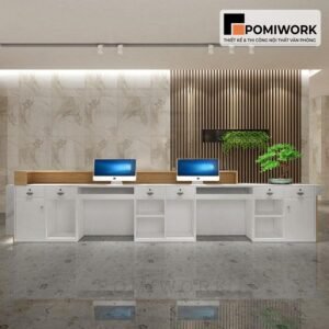 Quầy lễ tân hiện đại – Bàn tiếp tân thiết kế bo góc mềm mại, tinh tế