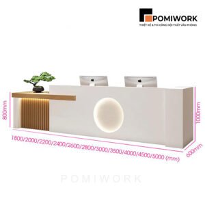 Quầy lễ tân hiện đại kết hợp gỗ – Mẫu bàn tiếp tân thiết kế tinh tế, sang trọng cho văn phòng
