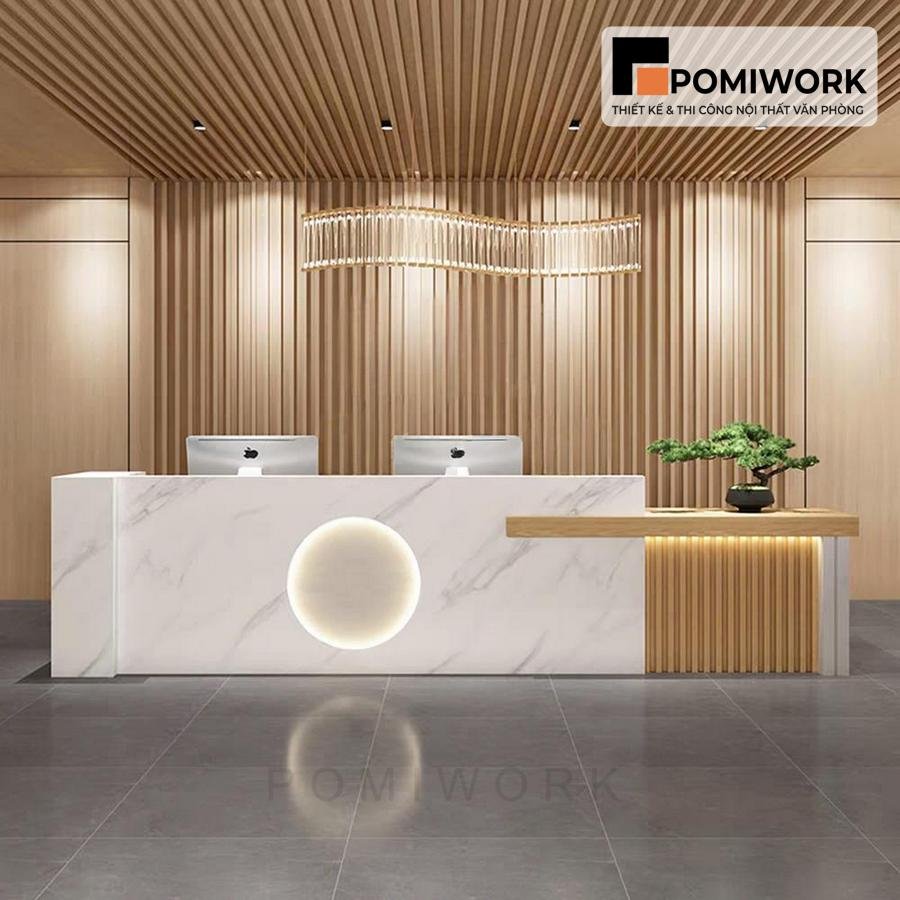 quay le tan hien dai ket hop go (3) Quầy lễ tân hiện đại kết hợp gỗ – Mẫu bàn tiếp tân thiết kế tinh tế, sang trọng cho văn phòng