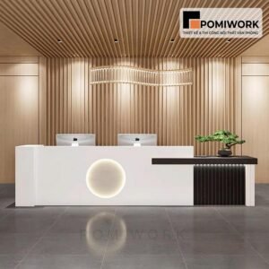 Quầy lễ tân hiện đại kết hợp gỗ – Mẫu bàn tiếp tân thiết kế tinh tế, sang trọng cho văn phòng