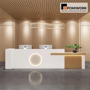 Quầy lễ tân hiện đại kết hợp gỗ – Mẫu bàn tiếp tân thiết kế tinh tế, sang trọng cho văn phòng