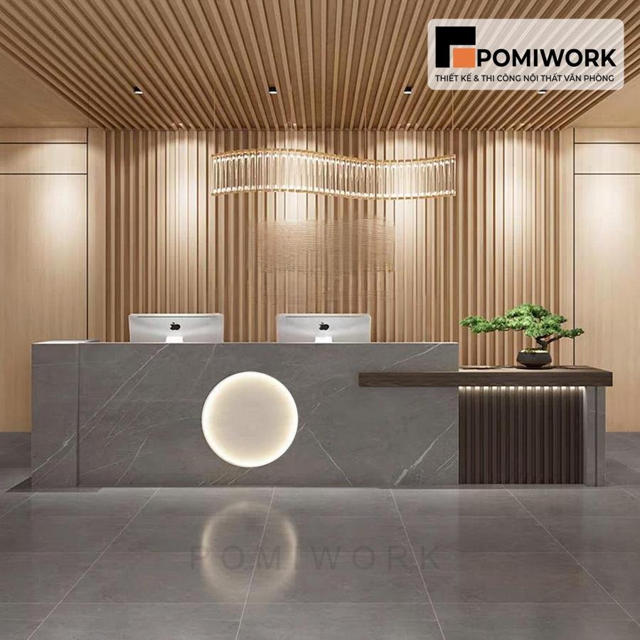 quay le tan hien dai ket hop go (6) Quầy lễ tân hiện đại kết hợp gỗ – Mẫu bàn tiếp tân thiết kế tinh tế, sang trọng cho văn phòng