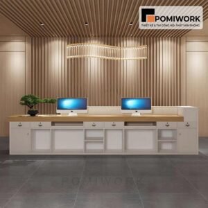 Quầy lễ tân hiện đại kết hợp gỗ – Mẫu bàn tiếp tân thiết kế tinh tế, sang trọng cho văn phòng