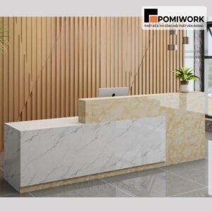 Quầy lễ tân kiểu dáng chữ L – Bàn tiếp tân hiện đại, tiết kiệm diện tích văn phòng