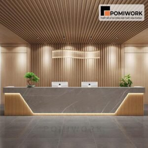 Quầy lễ tân sang trọng – Mẫu bàn tiếp tân hiện đại, kết hợp ánh sáng LED đẳng cấp