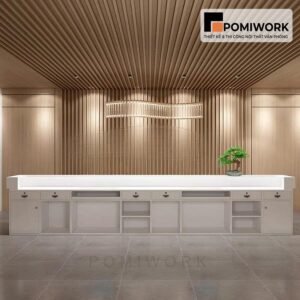 Quầy lễ tân sang trọng – Mẫu bàn tiếp tân hiện đại, kết hợp ánh sáng LED đẳng cấp