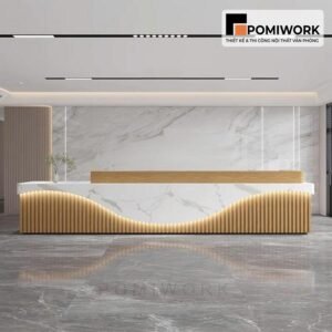 Quầy lễ tân thiết kế cong mềm mại – Mẫu bàn tiếp tân hiện đại, đẳng cấp và chuyên nghiệp