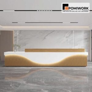 Quầy lễ tân thiết kế cong mềm mại – Mẫu bàn tiếp tân hiện đại, đẳng cấp và chuyên nghiệp