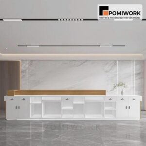 Quầy lễ tân thiết kế cong mềm mại – Mẫu bàn tiếp tân hiện đại, đẳng cấp và chuyên nghiệp