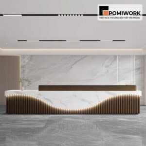 Quầy lễ tân thiết kế cong mềm mại – Mẫu bàn tiếp tân hiện đại, đẳng cấp và chuyên nghiệp