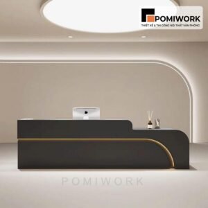 Quầy lễ tân văn phòng sang trọng – Mẫu bàn tiếp tân tone sáng, ánh sáng LED tinh tế