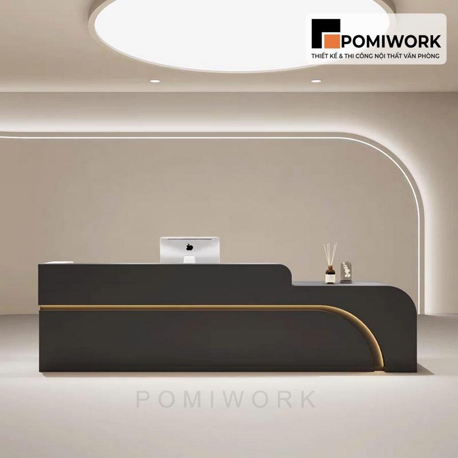 quay le tan van phong sang trong Quầy lễ tân văn phòng sang trọng – Mẫu bàn tiếp tân tone sáng, ánh sáng LED tinh tế