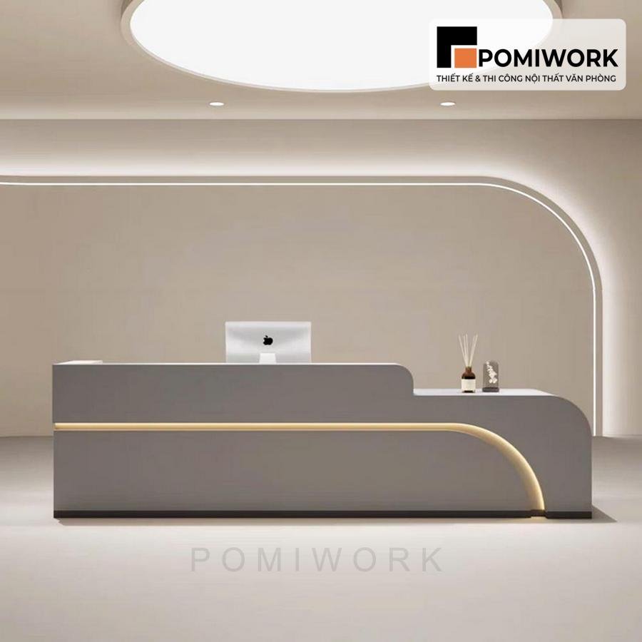 quay le tan van phong sang trong Quầy lễ tân văn phòng sang trọng – Mẫu bàn tiếp tân tone sáng, ánh sáng LED tinh tế