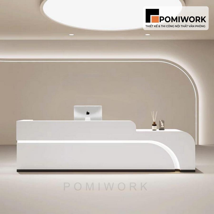 quay le tan van phong sang trong Quầy lễ tân văn phòng sang trọng – Mẫu bàn tiếp tân tone sáng, ánh sáng LED tinh tế