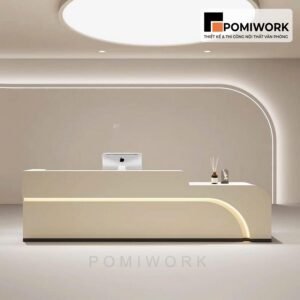 Quầy lễ tân văn phòng sang trọng – Mẫu bàn tiếp tân tone sáng, ánh sáng LED tinh tế