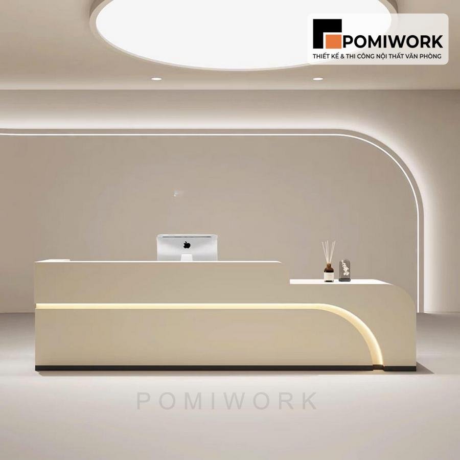 quay le tan van phong sang trong Quầy lễ tân văn phòng sang trọng – Mẫu bàn tiếp tân tone sáng, ánh sáng LED tinh tế