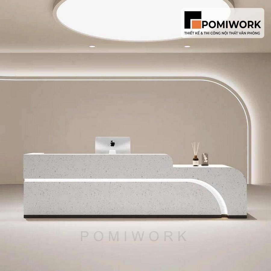 quay le tan van phong sang trong Quầy lễ tân văn phòng sang trọng – Mẫu bàn tiếp tân tone sáng, ánh sáng LED tinh tế