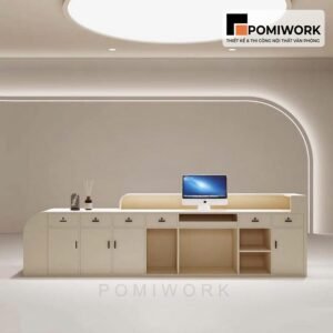 Quầy lễ tân văn phòng sang trọng – Mẫu bàn tiếp tân tone sáng, ánh sáng LED tinh tế