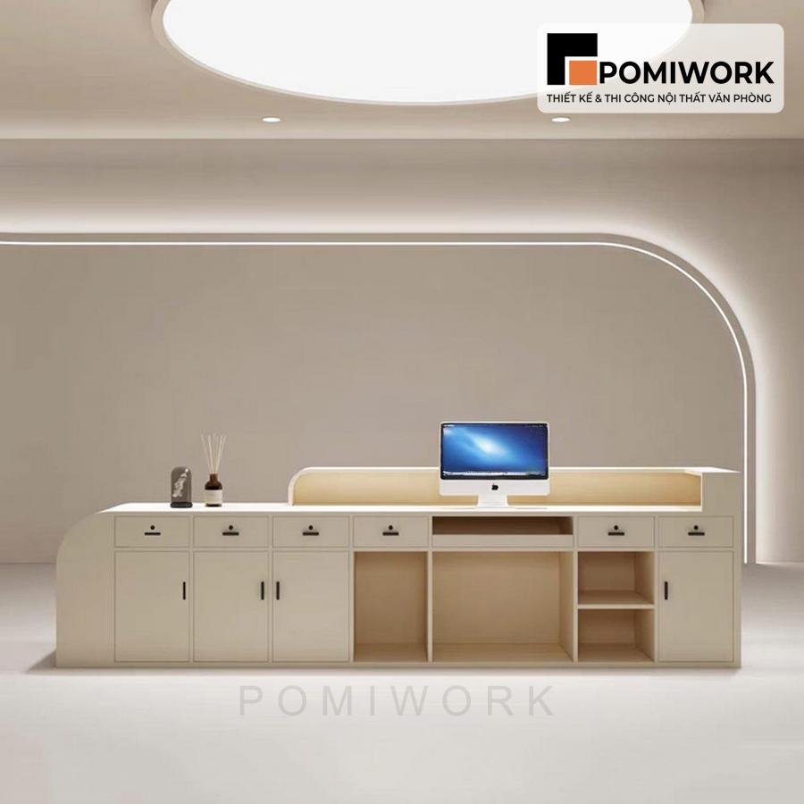 quay le tan van phong sang trong Quầy lễ tân văn phòng sang trọng – Mẫu bàn tiếp tân tone sáng, ánh sáng LED tinh tế