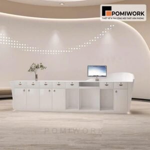 Quầy lễ tân với thiết kế uốn lượn mềm mại – Bàn tiếp tân tối giản, tinh tế cho văn phòng